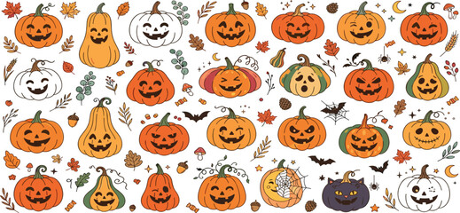 Fototapeta premium Halloween pumpkin vector set with spooky jack o lantern faces and autumn leaf element patterns
