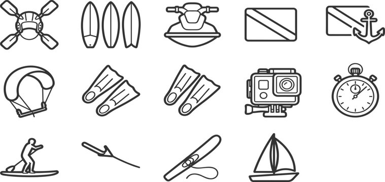 Minimalist nautical line icon set with maritime equipment scuba diving gear and water sports elements
