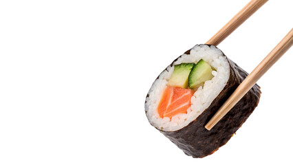 Fresh sushi roll piece with chopsticks isolated on transparent background © Anatoli