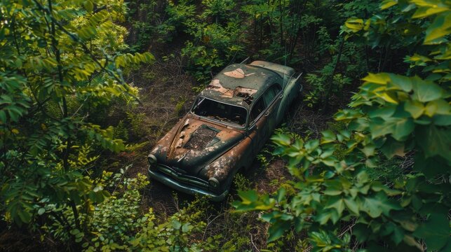 Highangle drone shot of vintage car in forest with vibrant leaves and shadows Canon EOS R5 35mm