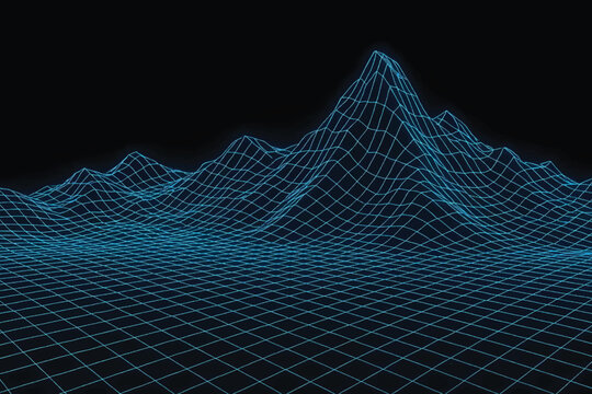 High detail blue wireframe mountain peak landscape with 3d terrain grid mesh on black background for digital crypto concept.