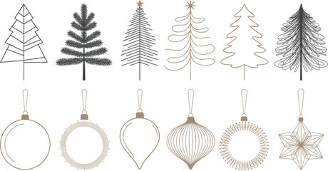 Elegant Christmas Line Art Icon Collection with Modern Abstract Pine Trees and Delicate Bauble Ornaments for Minimalist Holiday Greetings and Elegant Winter Graphic Designs © Donal! 