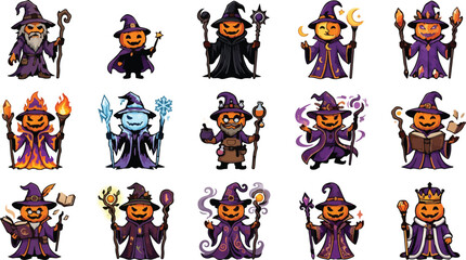 Obraz premium Halloween Pumpkin Wizard Character Set with Magic Fantasy Clipart