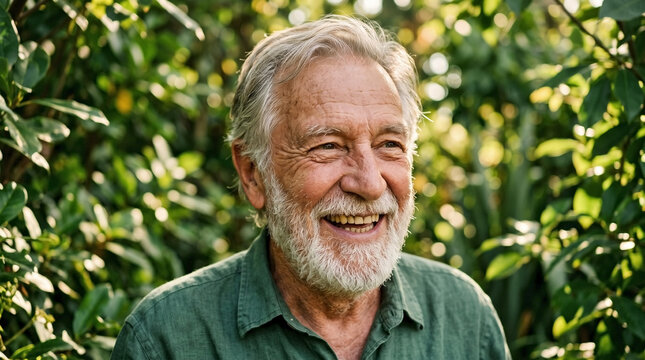 Close-up of smiling senior face, man with white beard, bright eyes, in greenery. Happy smiling senior face radiates warmth, contentment, framed by lush leaves.