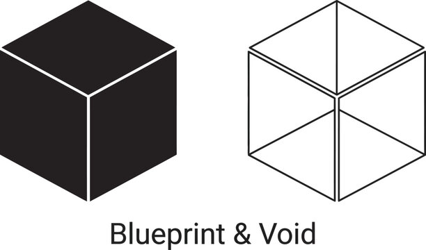 Minimalist graphic illustration featuring a solid black three-dimensional cube adjacent to a transparent wireframe outline box, emphasizing spatial geometric volume and mathematical contrast.