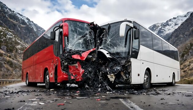 Two buses severely damaged in a headon collision on a mountain road