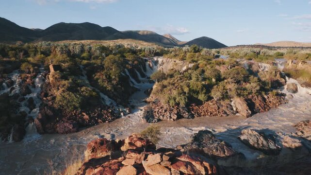 Scenic aerial view of Epupa Falls on the Kunene River in Namibia