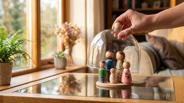 Adult hand placing glass dome over wooden peg family on table in warm living room, protective caregiving concept symbolizing family safety, shelter and home security