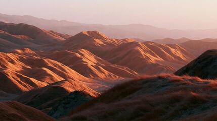 Naklejka premium Landscape photograph of a mountain range at sunset. the sky is a beautiful orange color, with the sun setting in the background, casting a warm glow over the mountains.