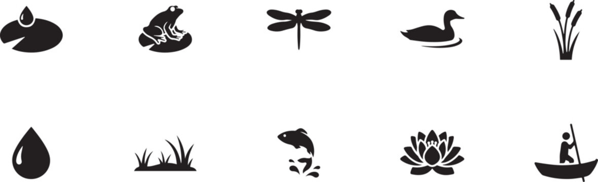 pond silhouette simple icon set. square type Bundle