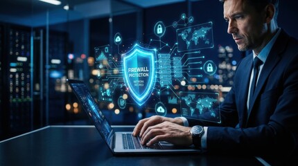 Fototapeta premium Businessman typing on a laptop with a glowing digital network hologram