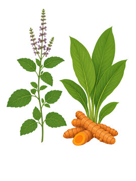 Holy basil plant and turmeric root vector illustration, Indian Ayurvedic herbs on white background