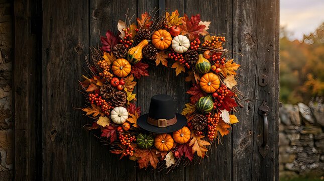 Autumn harvest wreath with colorful pumpkins and fall leaves hanging on a rustic wooden door