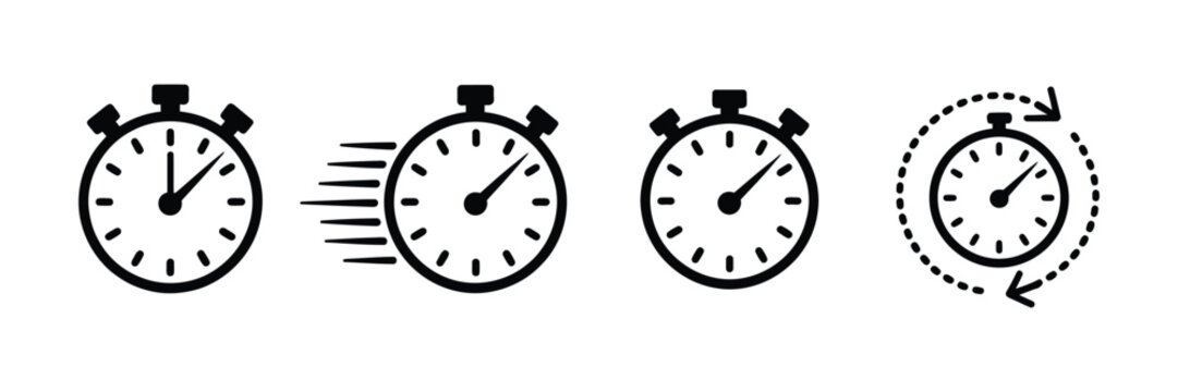 Stopwatch icon set with outline and motion variations for time tracking progress monitoring productivity and workflow concepts