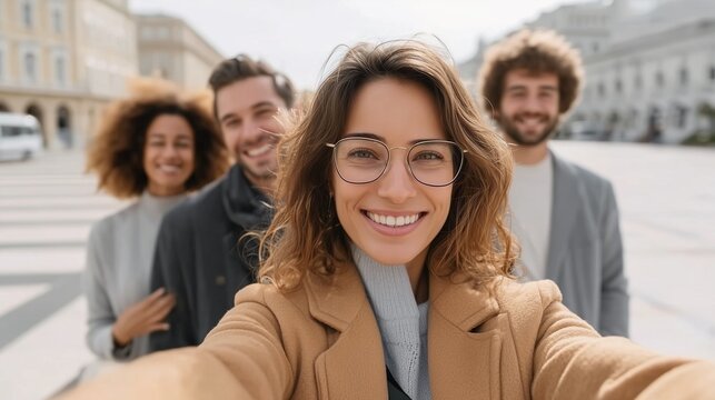 Smiling friends taking a joyful selfie in a city square for International Day of Friendship