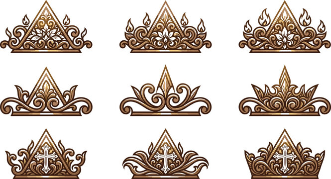 Vintage golden crown vector set with gothic medieval tiaras or crest headers featuring filigree cross and floral filigree ornaments