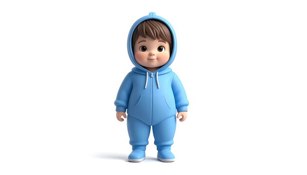 A 3D cartoon child in a blue hooded onesie stands on a white background