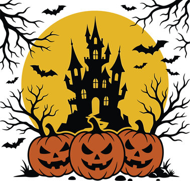 Spooky halloween t shirt vector castle jack o' lanterns bats branches design for festive apparel