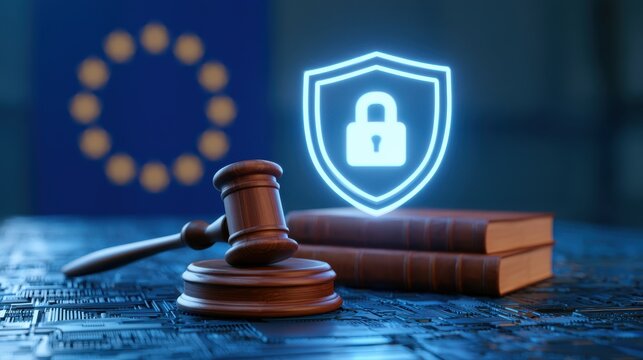 Digital gavel on circuit board with EU flag. Legal tech and data privacy regulation concept.