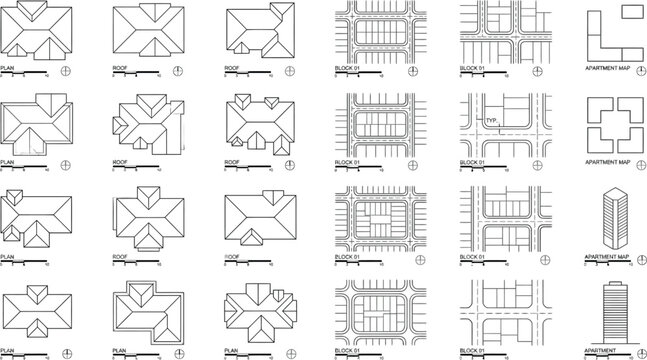 Abstract architectural residential housing estate blueprint set featuring top view roof outlines and technical layout site plans for urban suburban development construction projects