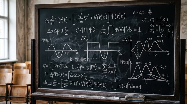Chalkboard covered in detailed quantum mechanics equations and wavefunction graphs in classroom setting, academic physics lecture scene with mathematical notation and diagrams