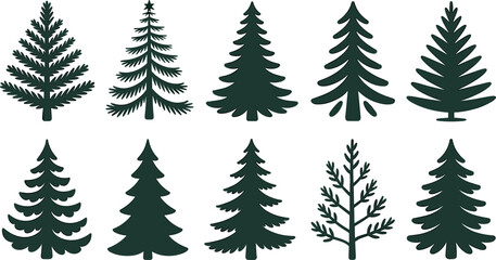Obraz premium Christmas Tree Silhouette Icon Set with Flat Pine and Fir Evergreen Vectors for Winter Holidays Holiday Greeting Cards Graphic Design and Patterns