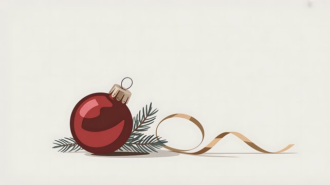 Red Christmas ornament with gold ribbon and pine leaves on white