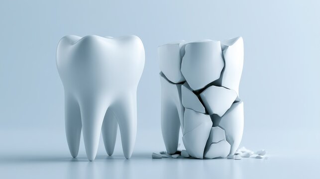 Healthy and broken teeth isolated on white background. Dental health concept showing decay and fracture damage.