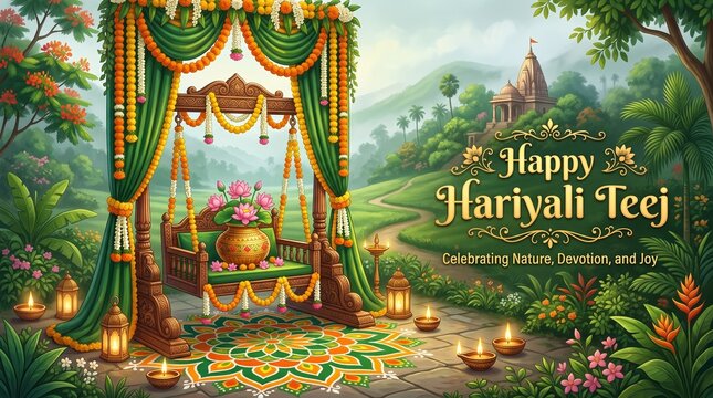 Beautiful hariyali teej celebration scene with floral decorations hanging lamps green drapes lotus pot and traditional rangoli design in lush outdoor ... 