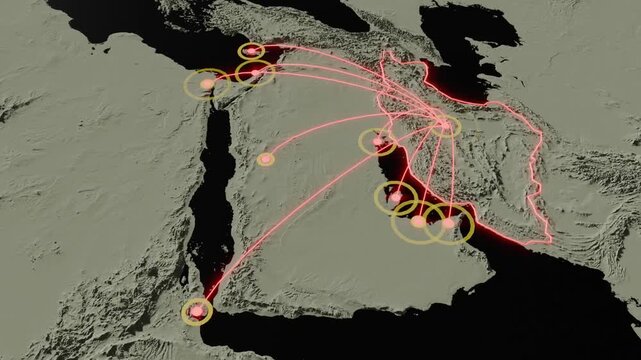 Iran missile range on the middle east 3D simulation
