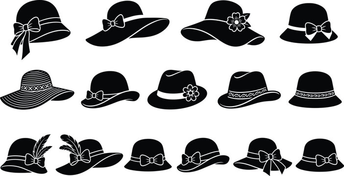 Women elegant hats fashion accessories and vintage headwear collection featuring sun hats fedoras cloche and bow styles black silhouettes vector set