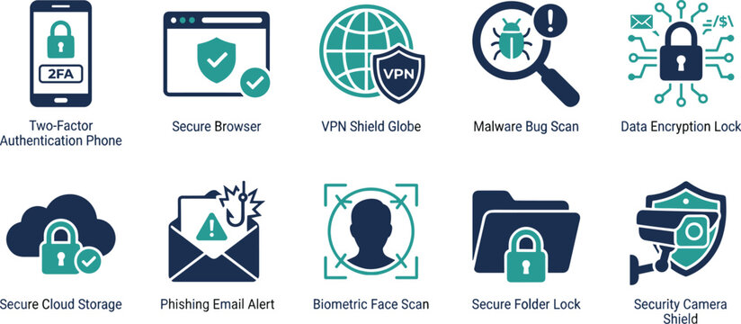 Cyber security icons collection including vpn shield malware scan phishing email and biometric face scanner.