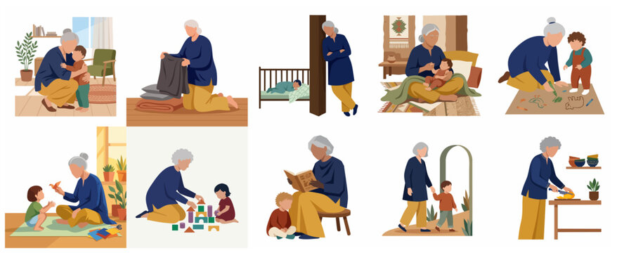 Set of flat illustrations depicting a grandmother caring for her grandchild, featuring scenes of playing, reading, walking, and daily household activities.