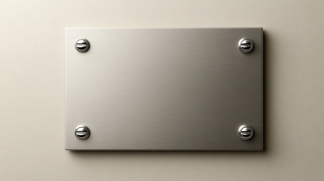 A brushed metal plaque mounted on a plain wall with four chrome screws. Ideal for custom business signage or.