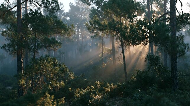 Dense forest with tall pine trees and shrubs. the sun is shining through the trees, creating a warm glow that illuminates the scene.