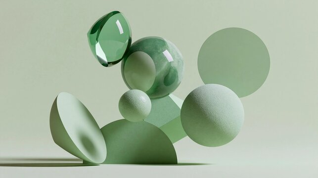 3d rendering of a group of abstract shapes in a light green color. the shapes are arranged in a scattered manner, with some overlapping and some standing upright.