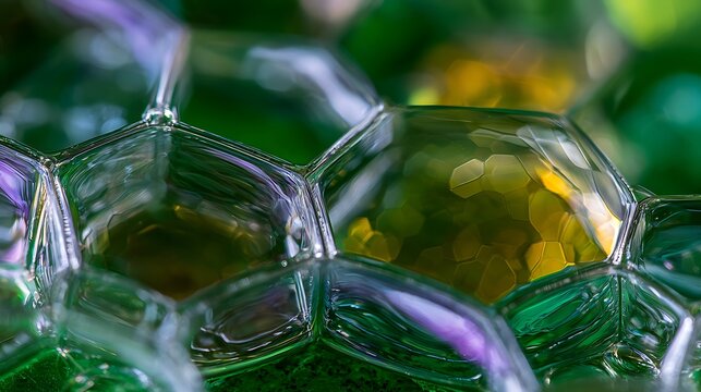 Close up view of liquid soap bubbles forming a beautiful colorful honeycomb pattern