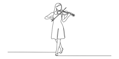 Fototapeta premium Continuous single line drawing of a young woman playing a violin