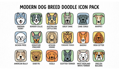 Hand Drawn Dog Breed Faces Doodle Icons – Cute Pet Vector Illustration Set © Siburoy
