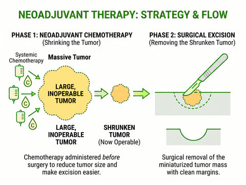 Neoadjuvant therapy flow chart demonstrates the medical strategy of administering chemotherapy to shrink a large inoperable tumor before performing surgical excision for easier removal.