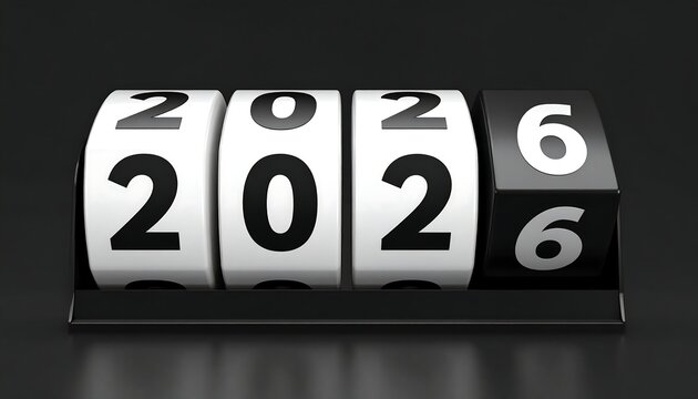 A 3D flip clock displaying the year 2026 on a sleek black base