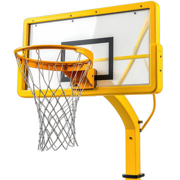 A bright yellow basketball hoop and backboard are shown against a black background.
