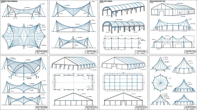 Architectural drawings of tensile fabric structures and canopy systems with steel frames, cables, and membrane design