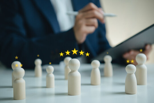 Customer satisfaction rating with businessperson reviewing figurines and star scores to evaluate service quality employee performance client feedback team trust and workforce improvement