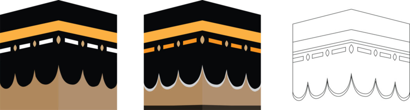 Kaaba architecture vector illustration set showing three different styles including flat design and outline version isolated on transparent background