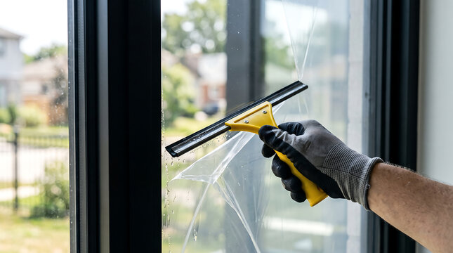Professional window cleaner using squeegee on modern glass pane with squeegee cleaning maintenance professional residential commercial facility transparent