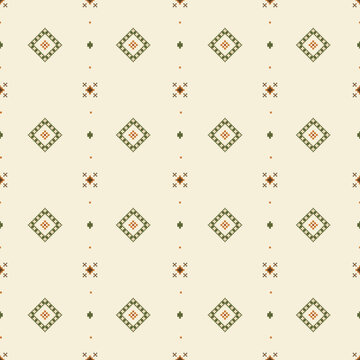 Seamless pixel pattern featuring repeating diamond motifs, cross accents, and evenly spaced geometric elements in beige, green, orange, and brown tones for textile and surface design.