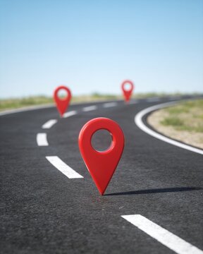 Red navigation markers placed along a winding desert road representing travel milestones and the pursuit of future business growth goals