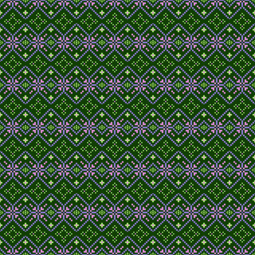 Seamless pixel geometric pattern with repeating diamond motifs, lattice grid, and symmetrical layout in black, green, purple, and pink tones. Suitable for textile and surface design.