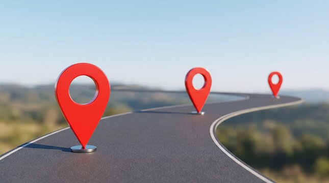 Red navigation markers placed along a winding desert road representing travel milestones and the pursuit of future business growth goals
